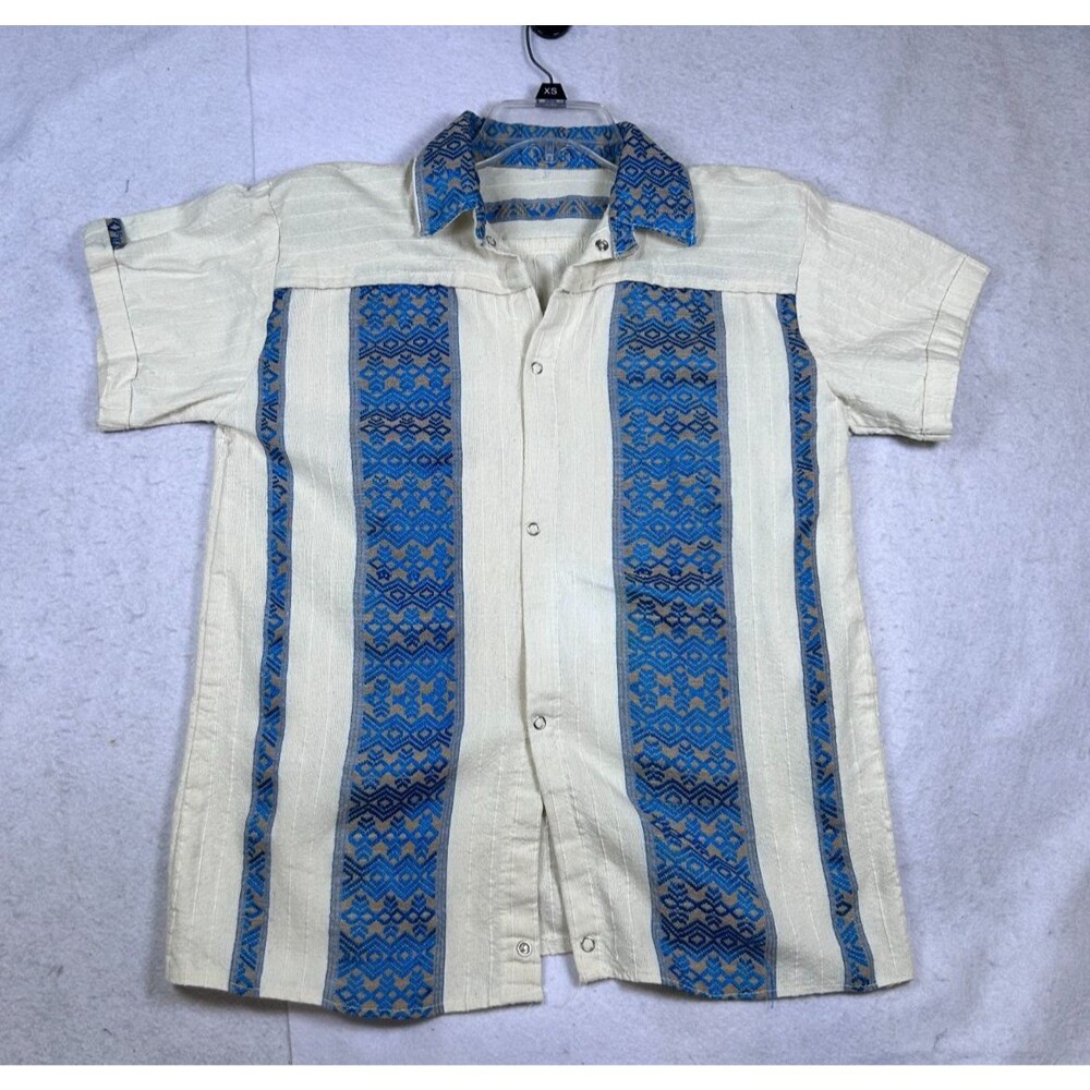 Vintage Ethiopian Habesha Men’s Cream Blue Tibeb Woven Snap Shirt